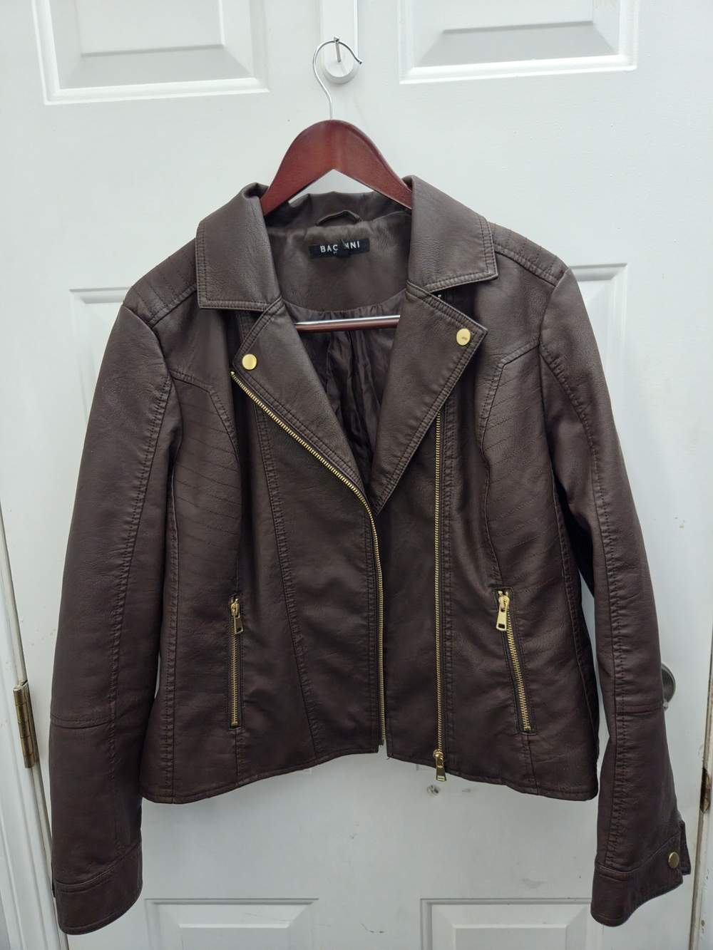 Baccini Women's Brown Faux Leather Moto Jacket with Gold Hardware